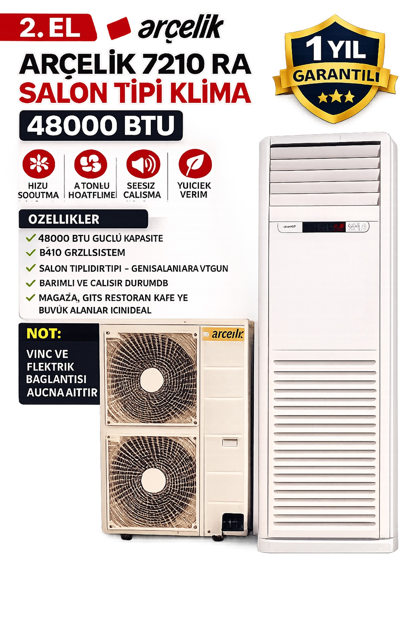 2. EL Arçelik 7210 RA Salon Tipi Klima 48000 Btu