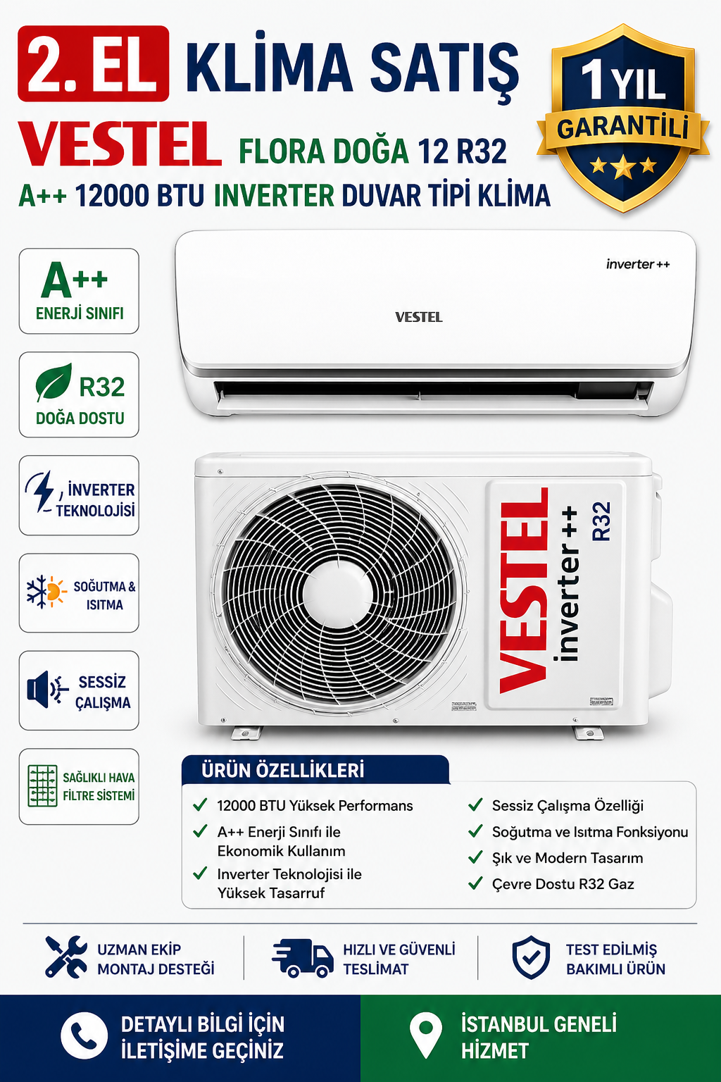 2. EL Vestel Flora Doğa 12 R32 A++ 12000 BTU Inverter Duvar Tipi Klima